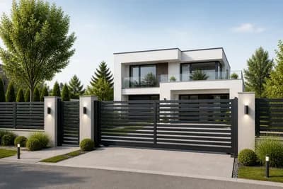 Modernes Haus mit Aluminiumzaun und Tor